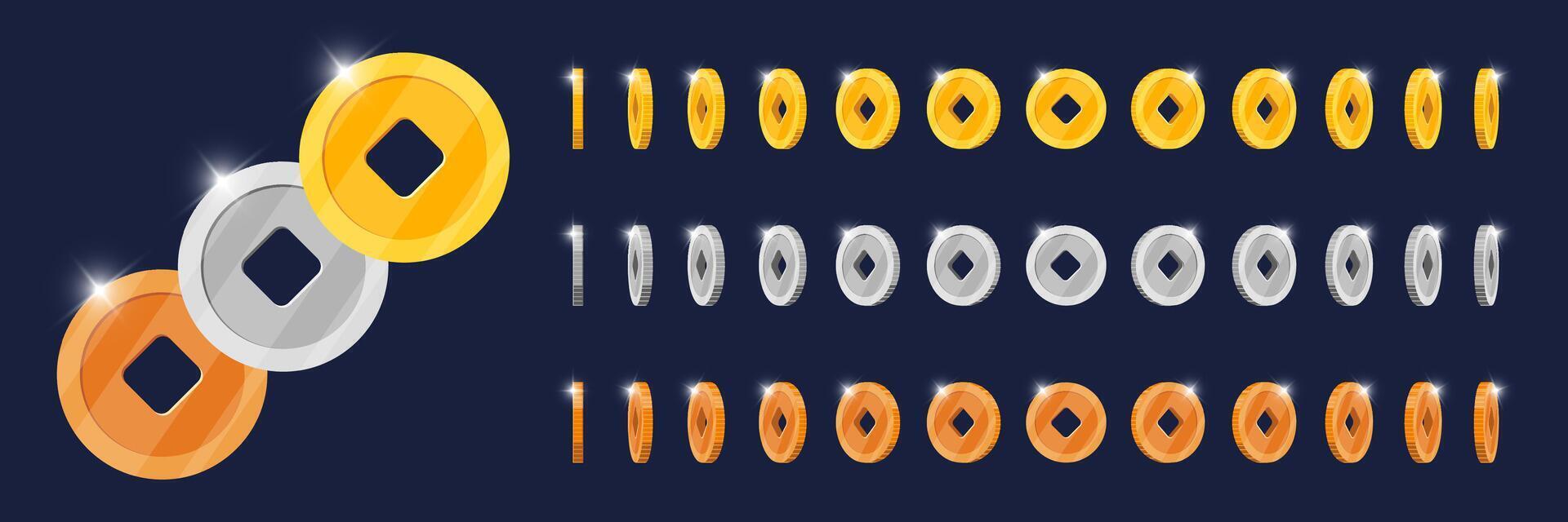 Rotating gold, silver, bronze game coins animated motion. Chinese lucky symbol token with square hole spinning at changing angles. Spinning metal fortune icon. Flat 3D currency animation style vector