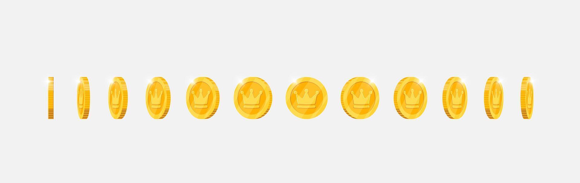 Gold coin animation with spinning royal crown design for apps. Metallic symbol rotates in various directions. Flat 3D element for gaming interfaces. Achievement icon in constant motion vector