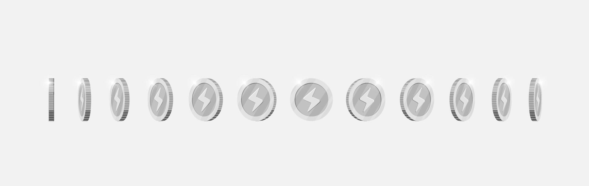 Dynamic rotation of silver coin with lightning bolt speed emblem for games. Metal achievement marker turns at multiple angles. Flat 3D asset for game or app motion graphics vector