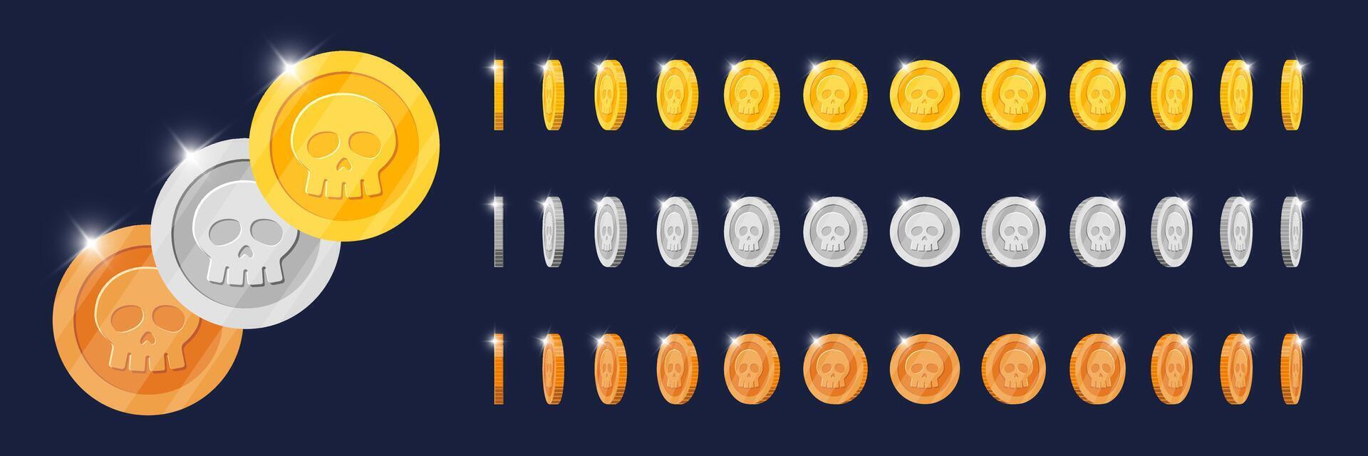 Rotating gold, silver and bronze coins animated in different directions for game app. Metal token with skull symbol various angles spinning. Moving metallic achievement icon. Flat 3D currency effect vector