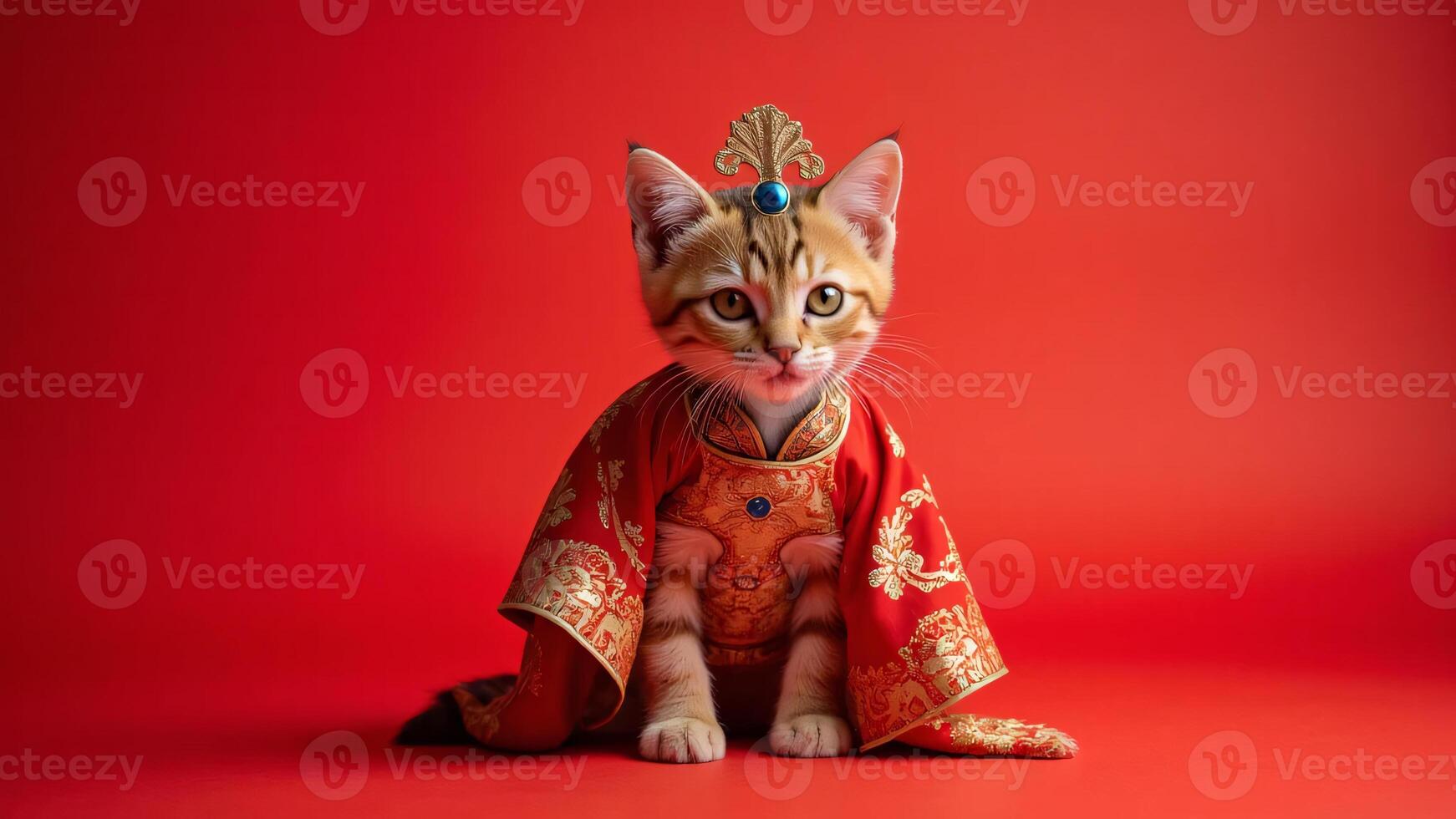 A cat dressed in an ornate red outfit, sitting gracefully on a red background, showcasing festive elegance Generated by AI photo