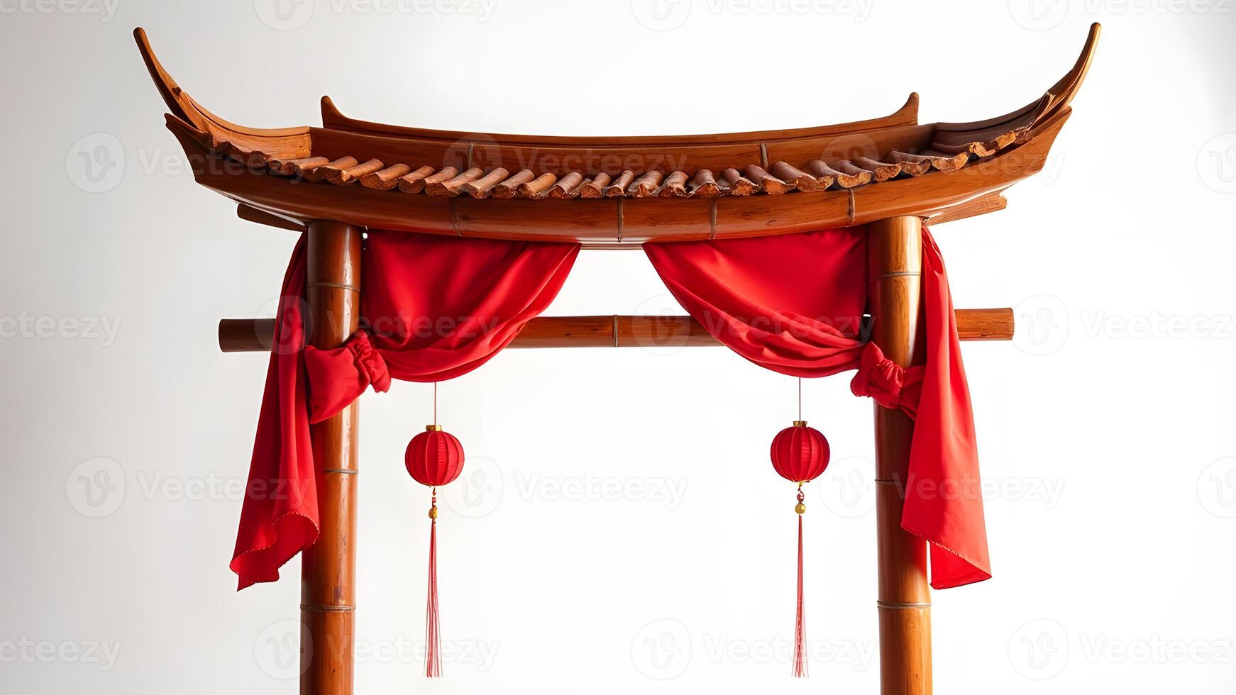 A decorative wooden arch adorned with red fabric, symbolizing Chinese traditions and festive celebrations Generated by AI photo