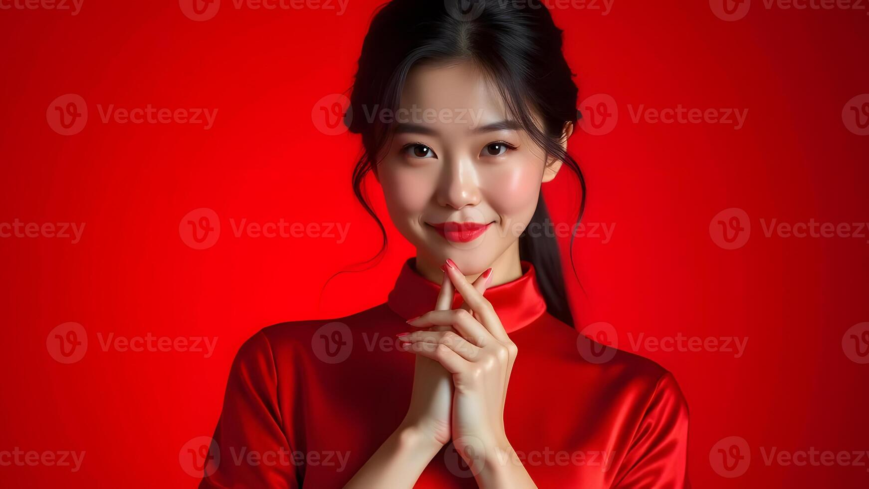 Smiling woman in a vibrant red dress, hands clasped, exuding joy and charm against a bold red background Generated by AI photo