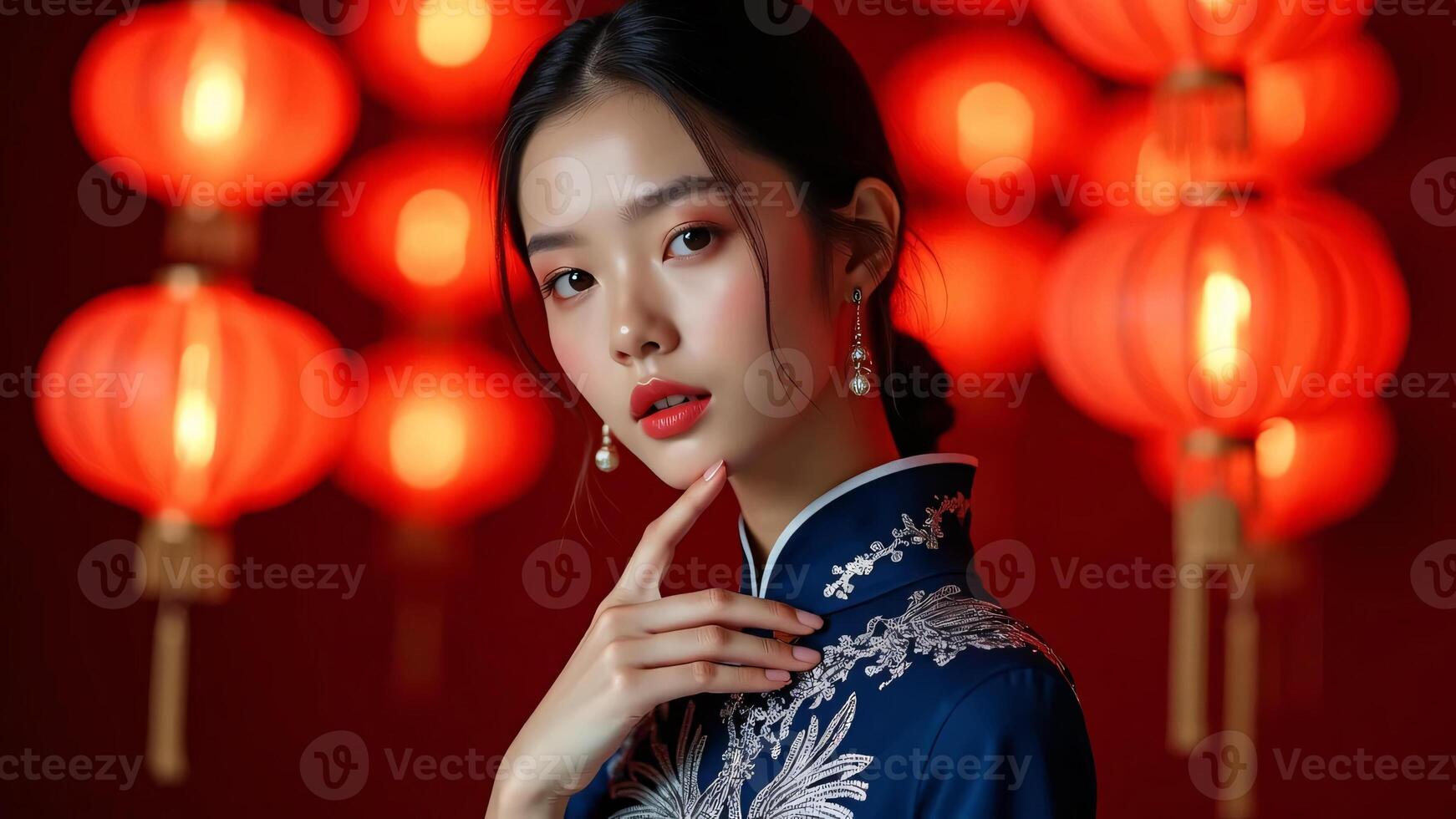 A close-up portrait of a woman in traditional attire with glowing red lanterns in the background Generated by AI photo