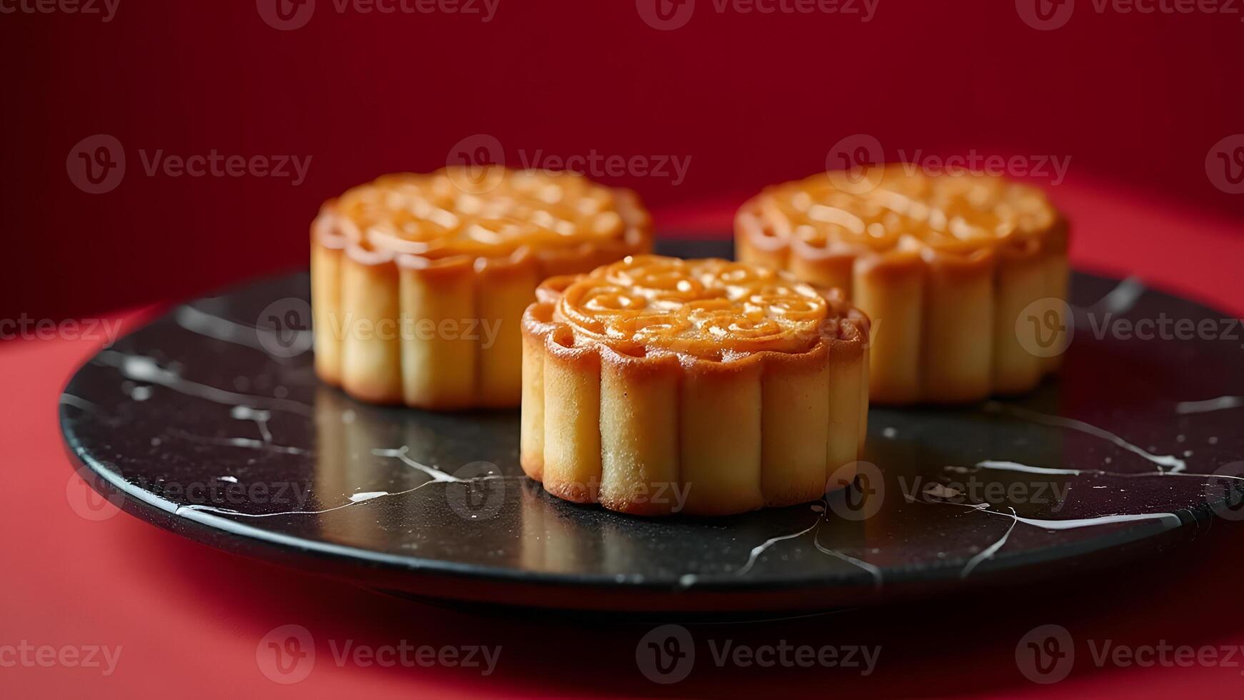 Traditional mooncakes arranged on a black plate with red background, symbolizing festive Chinese delicacies Generated by AI photo