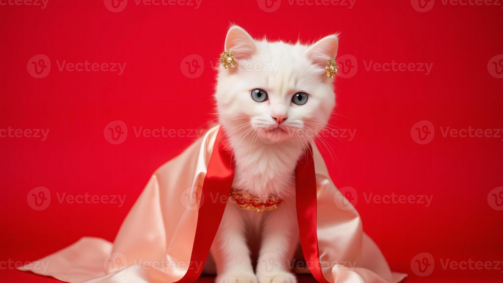 White kitten wearing an elegant traditional Chinese outfit on a red background, exuding beauty and cultural charm Generated by AI photo