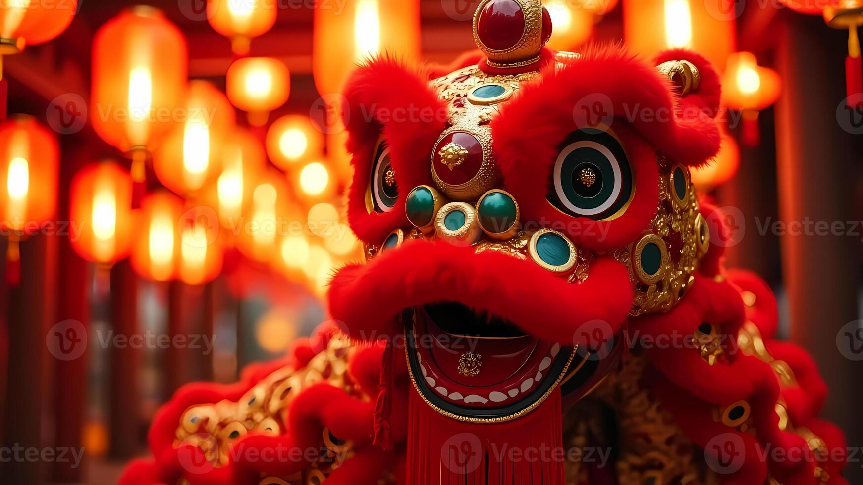 Close-up of a vibrant red lion dance mask under glowing lanterns, representing Chinese tradition Generated by AI photo