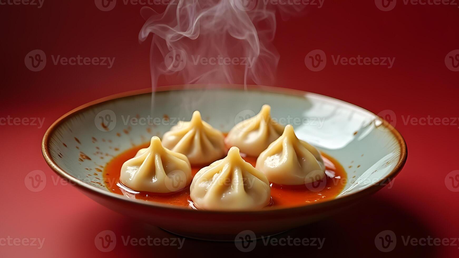 Close-up of steaming dumplings in a ceramic bowl, set against a red backdrop for a delicious, warm appeal Generated by AI photo