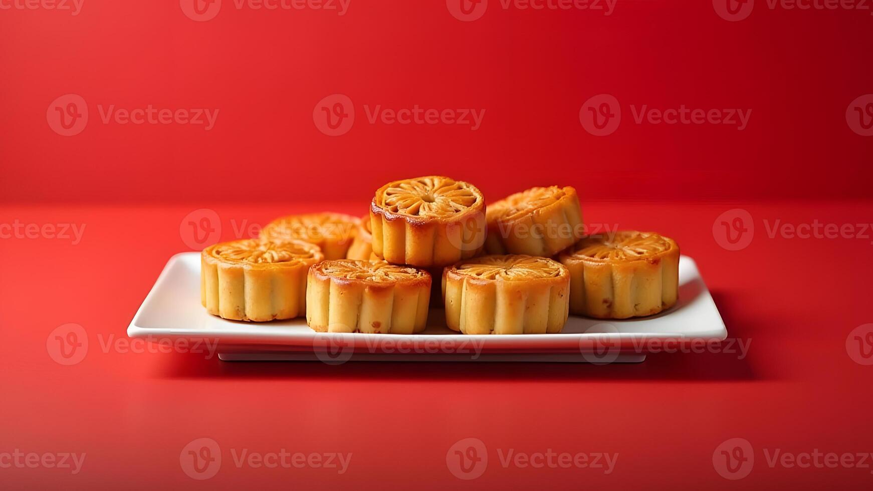 A plate of mooncakes on a vibrant red table, symbolizing Mid-Autumn Festival celebrations and Chinese culture Generated by AI photo
