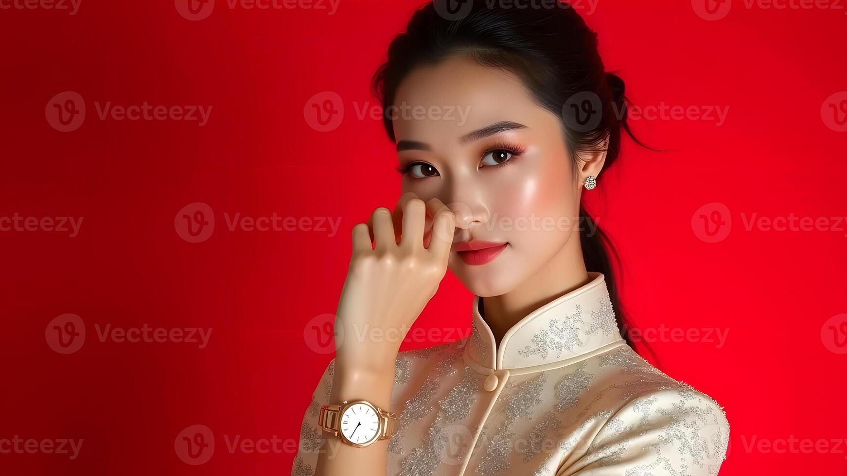 A woman in a white cheongsam dress, posing confidently with red backdrop, symbolizing modern elegance and culture Generated by AI photo