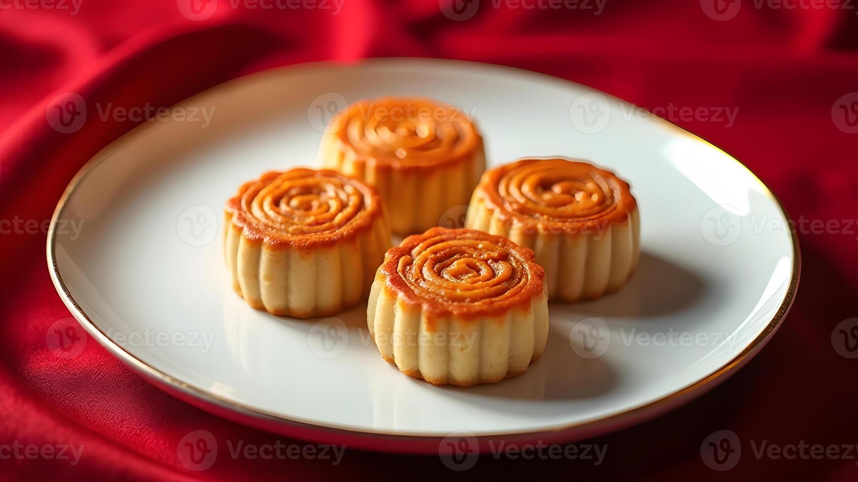 Traditional mooncakes arranged on a ceramic dish with a red backdrop, exuding festive charm and elegance Generated by AI photo