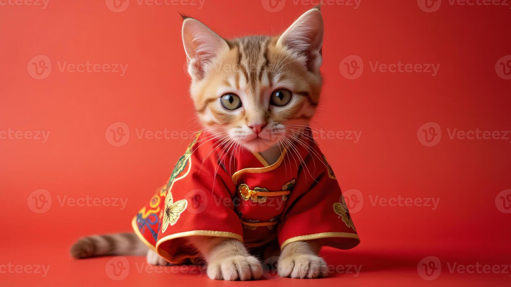 Kitten dressed in an ornate ceremonial Chinese outfit, sitting on a red background, exuding cultural elegance Generated by AI photo