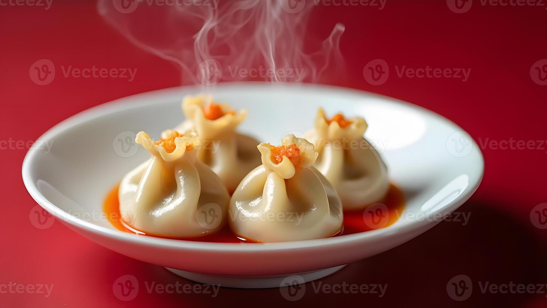 Fresh dumplings served on a white plate, steaming hot with red backdrop, highlighting cultural and culinary appeal Generated by AI photo