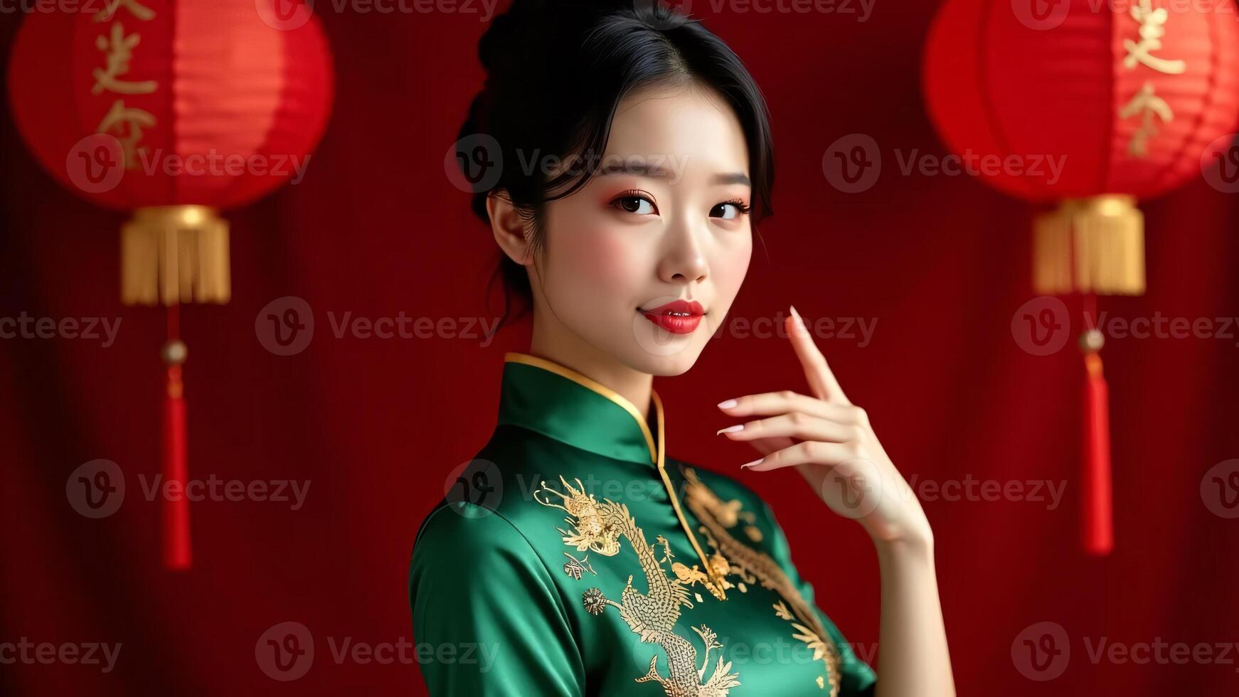 A beautiful woman wearing a traditional dress, posing elegantly with glowing red lanterns in a festive setting Generated by AI photo