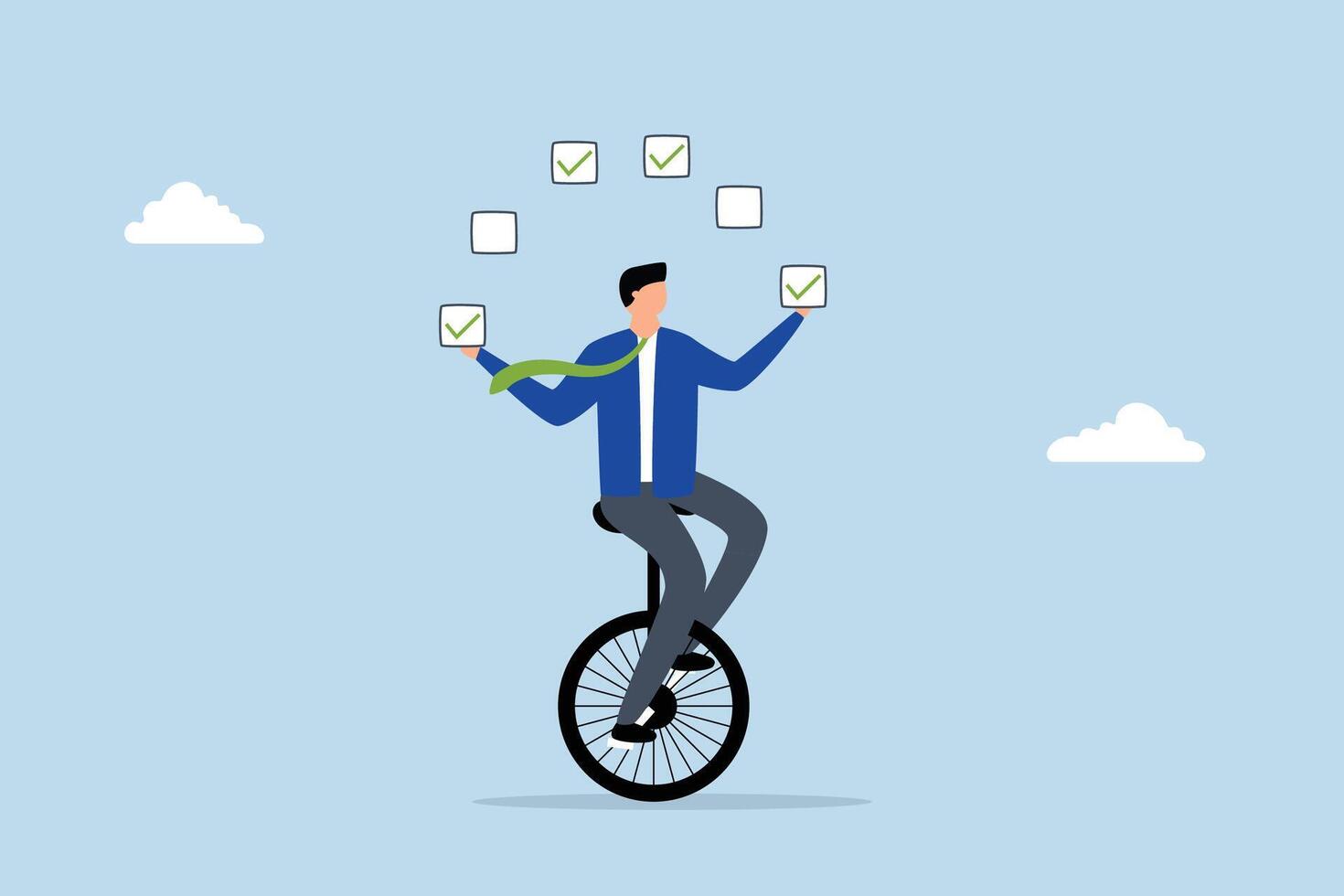 Todo list professional, businessman juggling checkbox on unicycle. vector