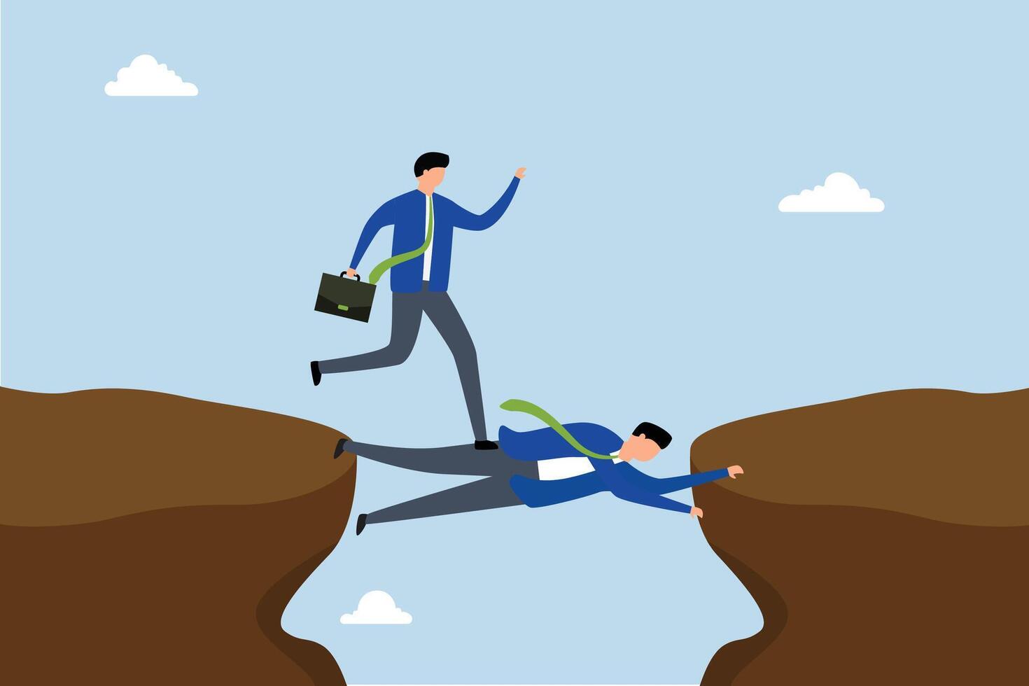 competent businessman acts as a human bridge for others to cross the chasm. vector