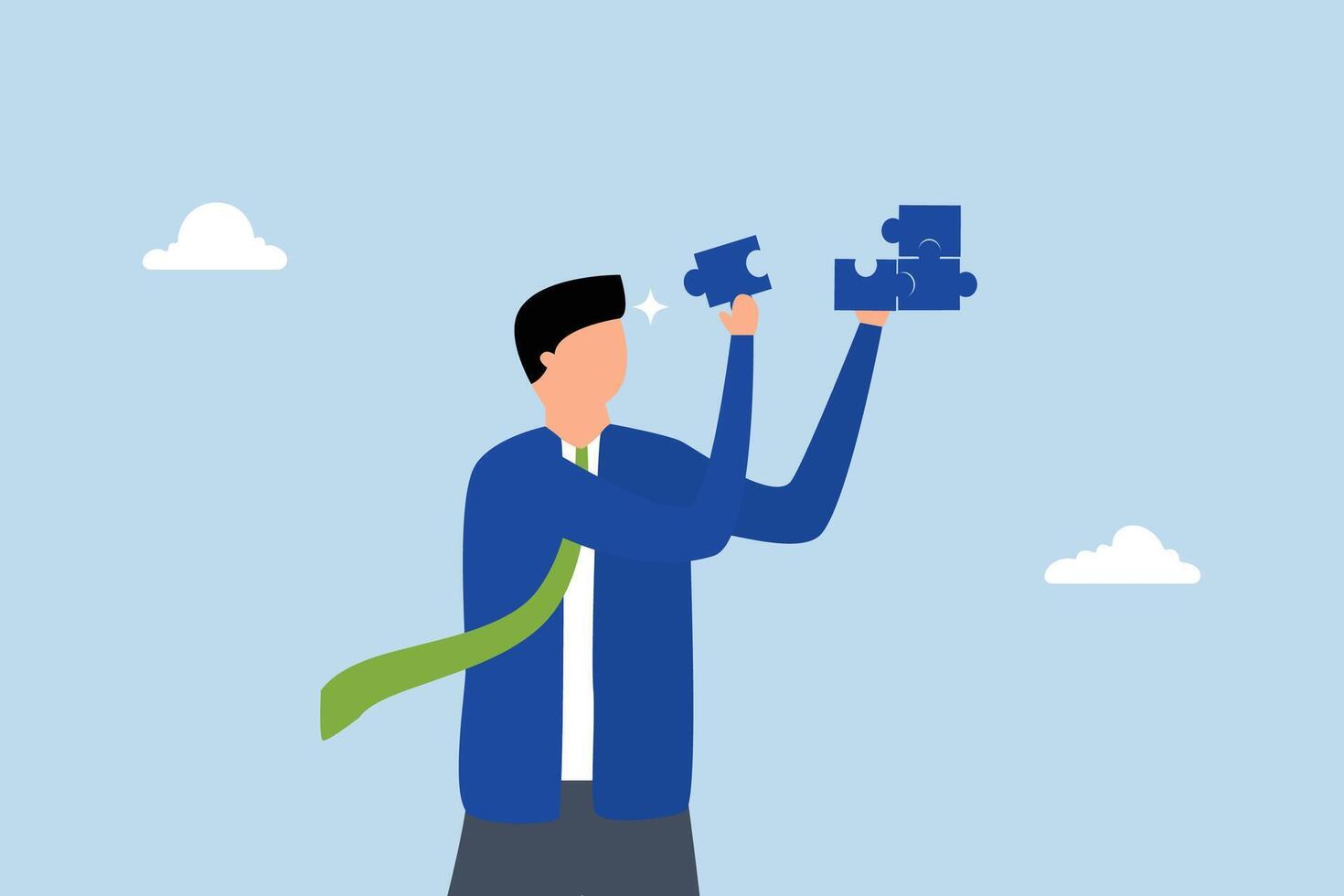 Solve problem, businessman tackling jigsaw puzzle challenge. vector