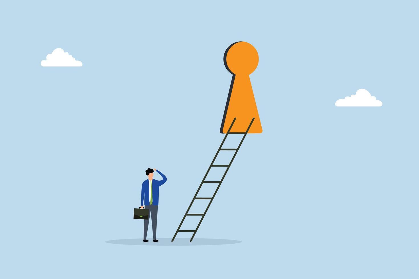 Business opportunity, businessman ascending a ladder via hidden keyhole. vector