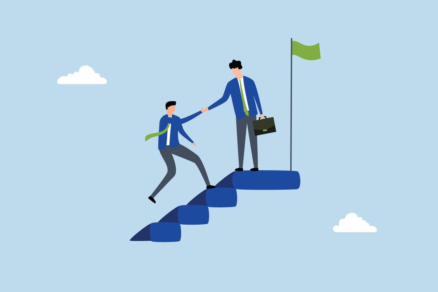 Business mentor, businessman leader assist employee ascend towards goal at peak of staircase. vector
