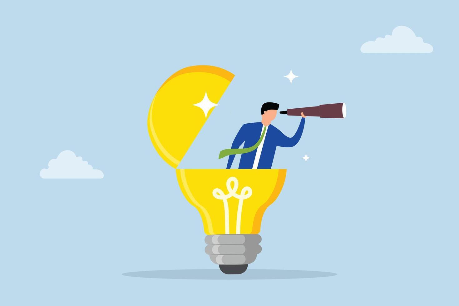 Creativity to help see business opportunity, entrepreneur activates lightbulb concept utilizing binoculars to visualize business goals. vector