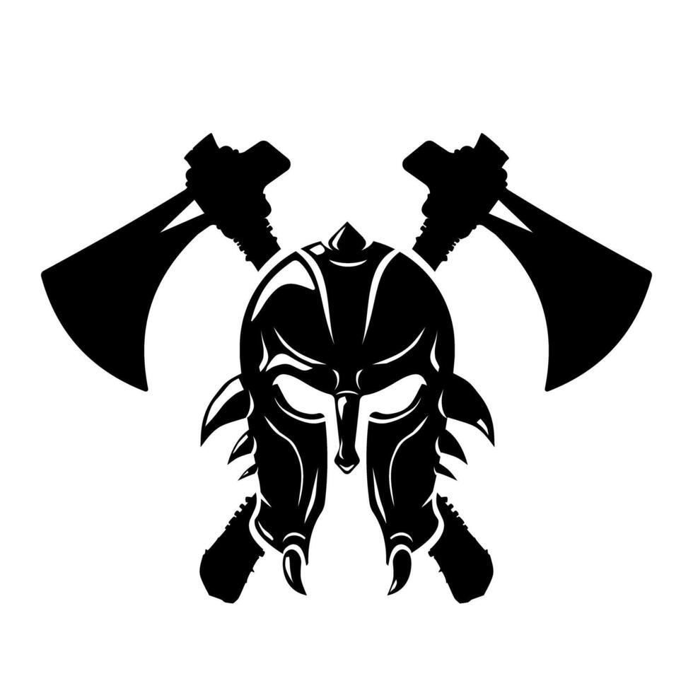 Barbarian Helmet with Crossed Axes Battle Fighting Emblem Icon Black Silhouette Illustration vector