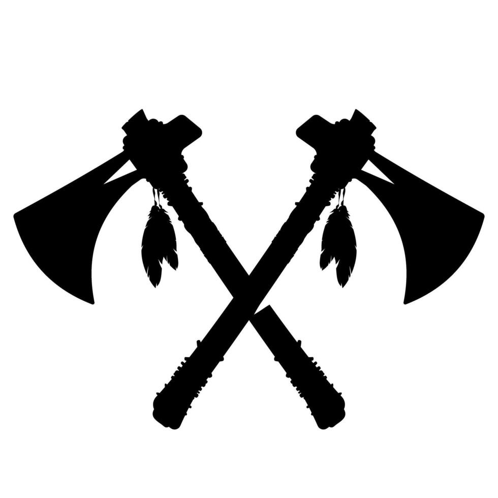 illustration of Two Traditional Crossed American Indian Tomahawk Axes. Weapon War Tribal Traditional Black Silhouette Illustration vector