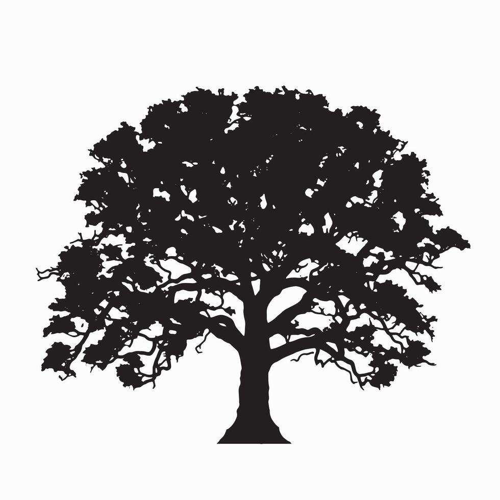 Oak Tree Silhouette with Wind-Blown Leaves vector