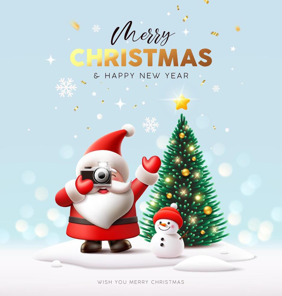 Merry Christmas and Happy new year, Santa claus hand holding photo camera, snowman, pine tree, poster design on snow blue background vector