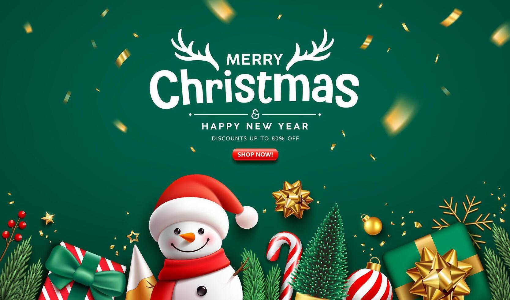 Merry christmas and Happy new year sale ornaments, snowman and gold ribbon greeting card banner design on green background vector