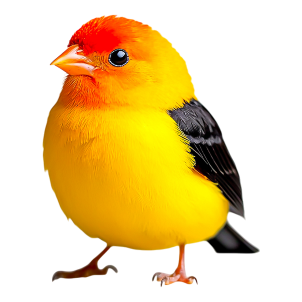 Bright Yellow Bird with Orange Crown and Black Wings png