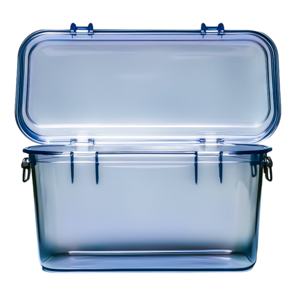 Transparent Blue Plastic Container with Hinged Lid and Clips png