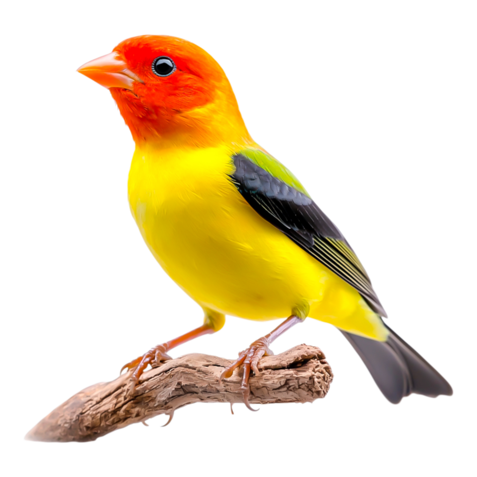 Colorful Tropical Bird with Bright Red Head Sitting on Branch png