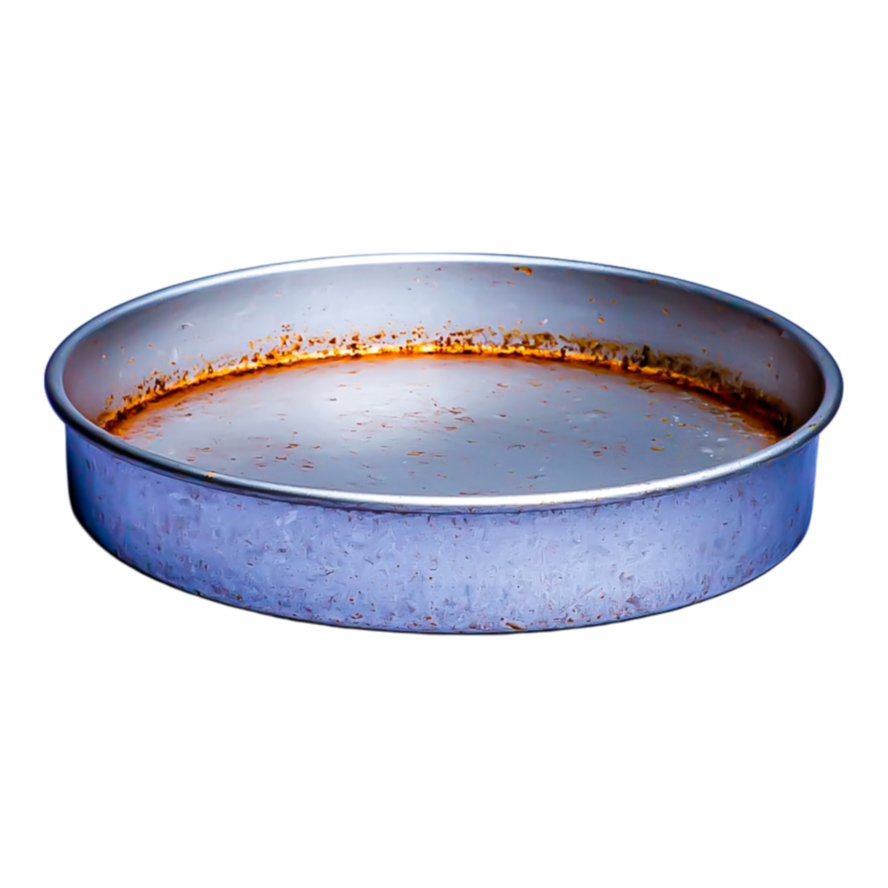 Empty Round Baking Pan with Stains on Stainless Steel Surface png