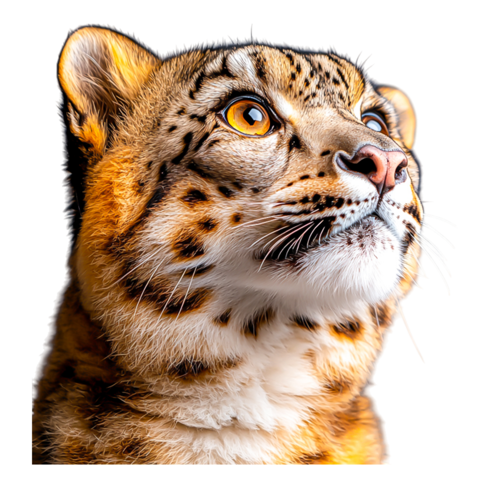 Majestic Spotted Cat Gazing Upward with Intense Expression png