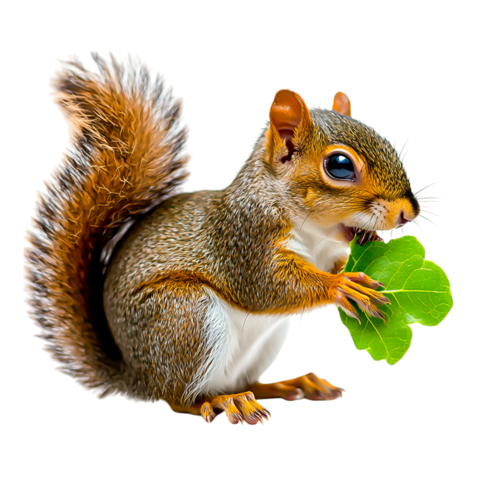 Curious Squirrel Holding Leaf in Forest Environment png