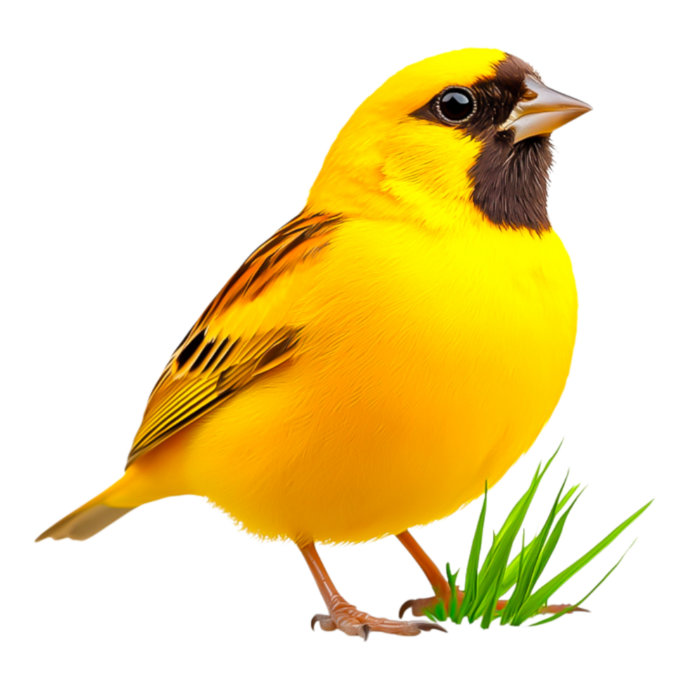 Vibrant Yellow Bird Perched on Grass in Natural Environment png