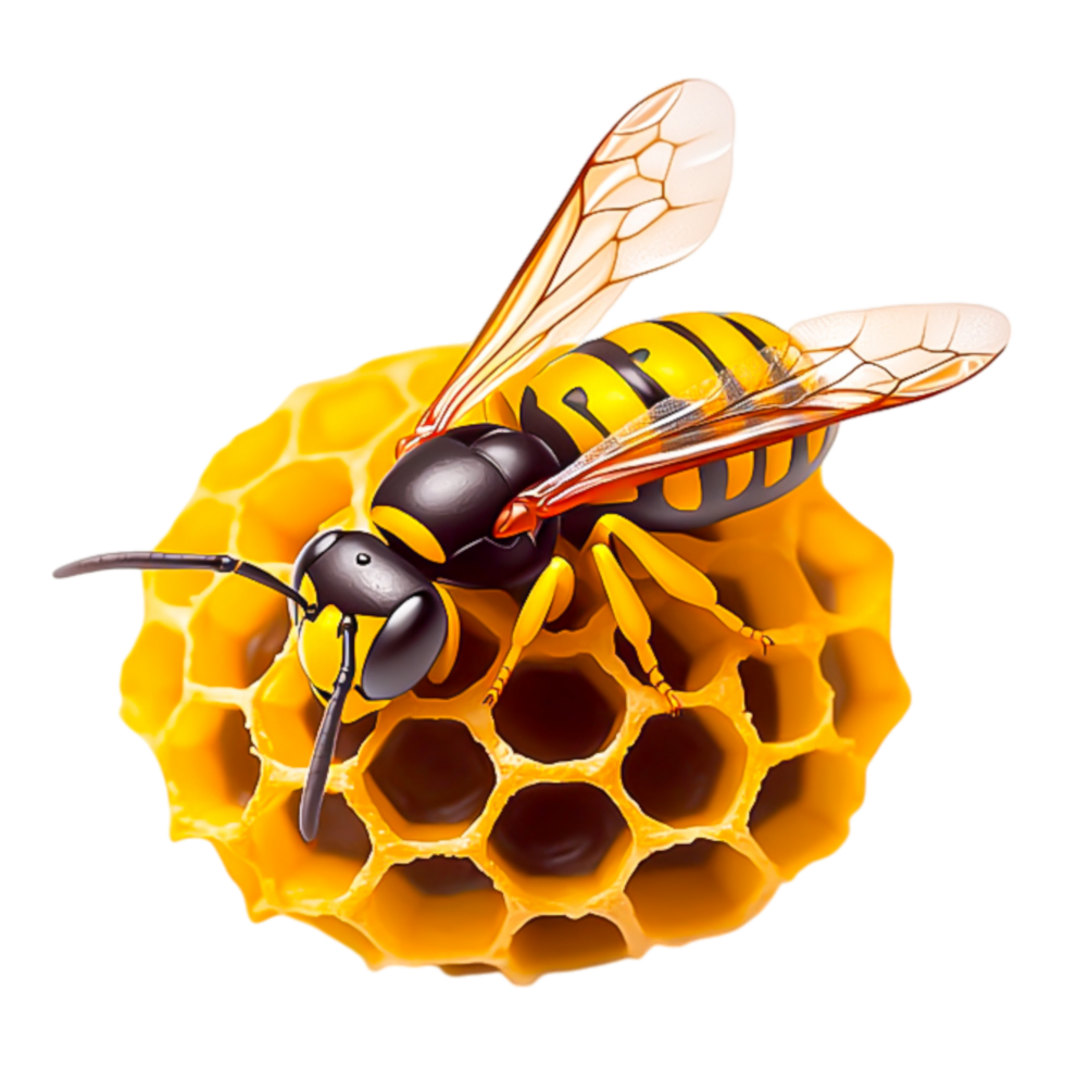 Close-Up of a Realistic Yellow Wasp on a Honeycomb Structure png