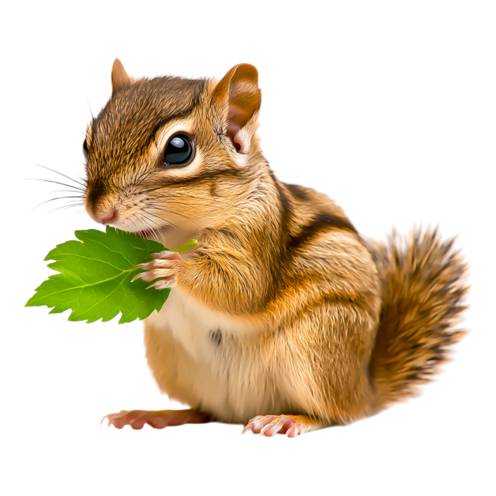 Cute chipmunk holding green leaf in its tiny paws outdoors png