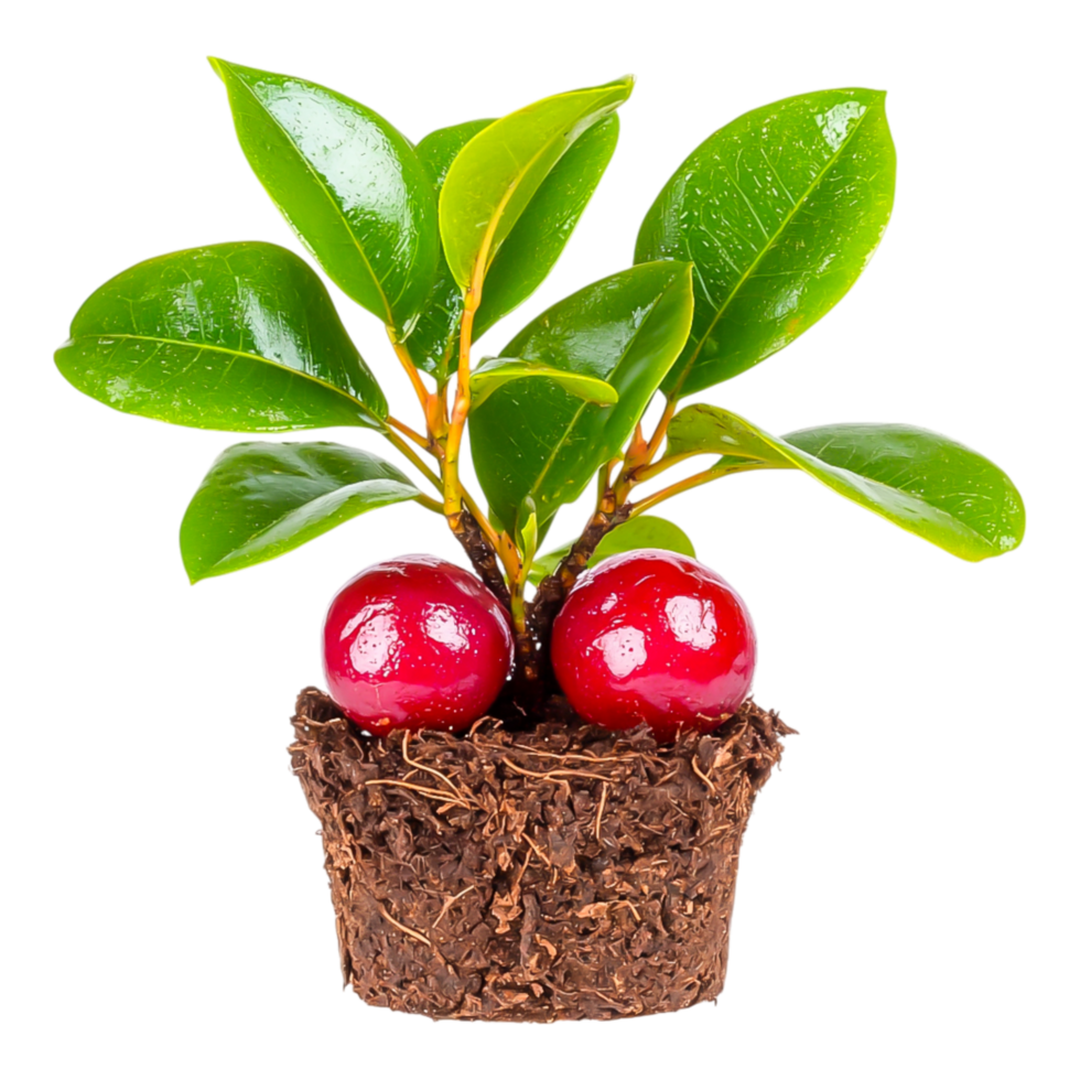 Fresh Guarana Plant with Red Berries in a Soil Pot Isolated png