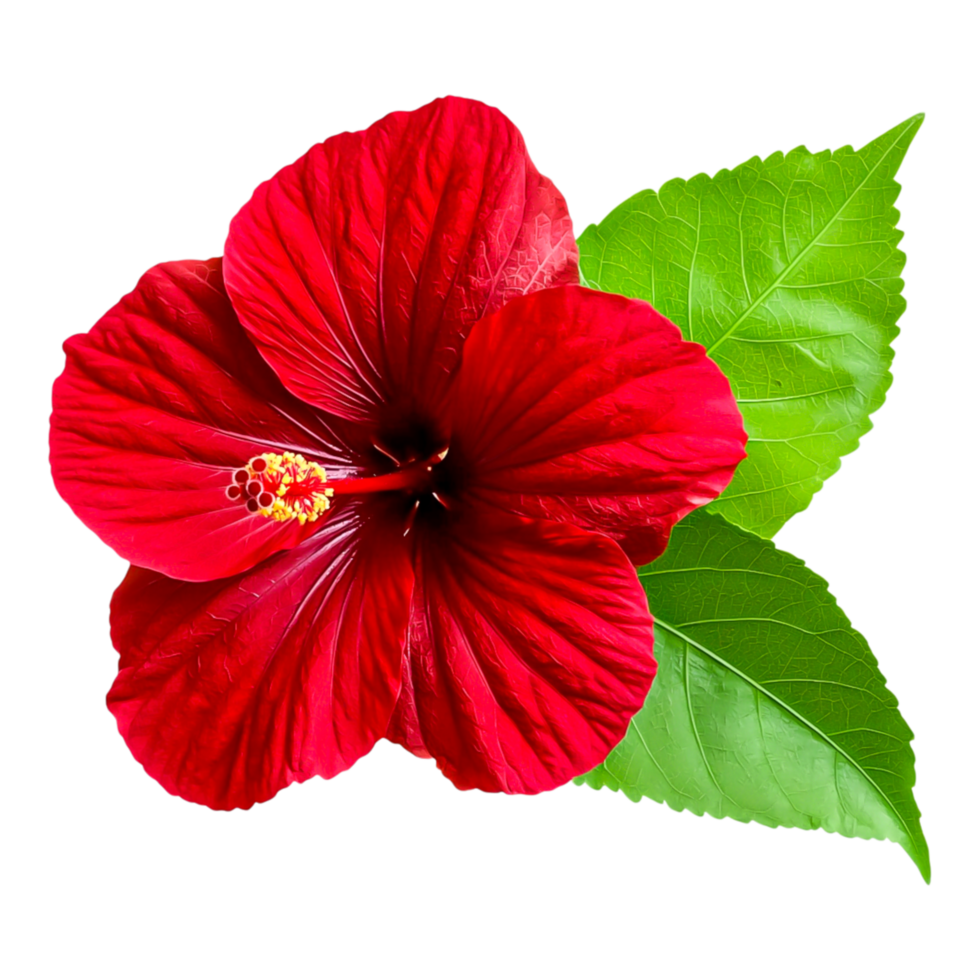 Vibrant Red Hibiscus Flower with Fresh Green Leaves png