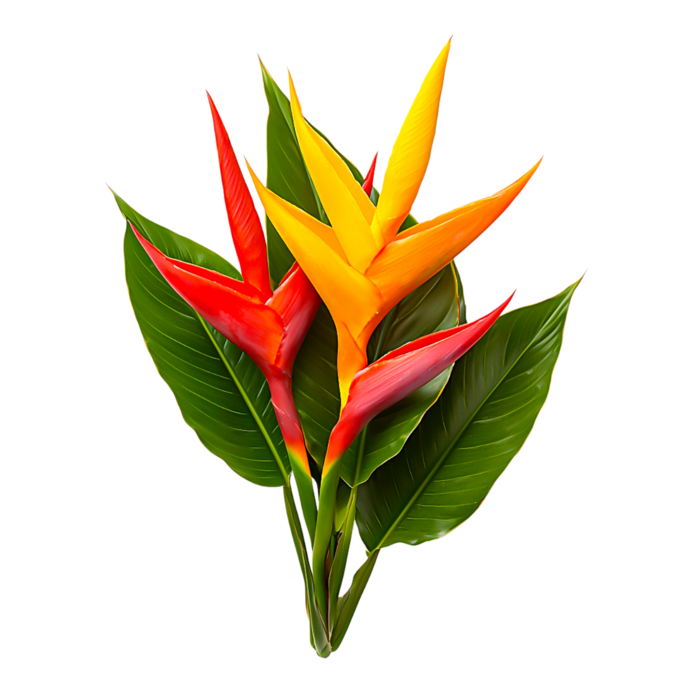 Vibrant Tropical Heliconia Flowers with Green Leaves png