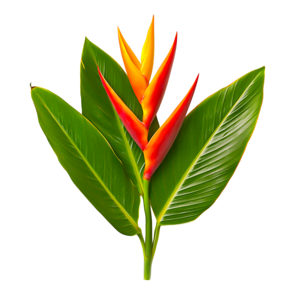 Vibrant Tropical Heliconia Plant with Bright Orange and Yellow Flowers png