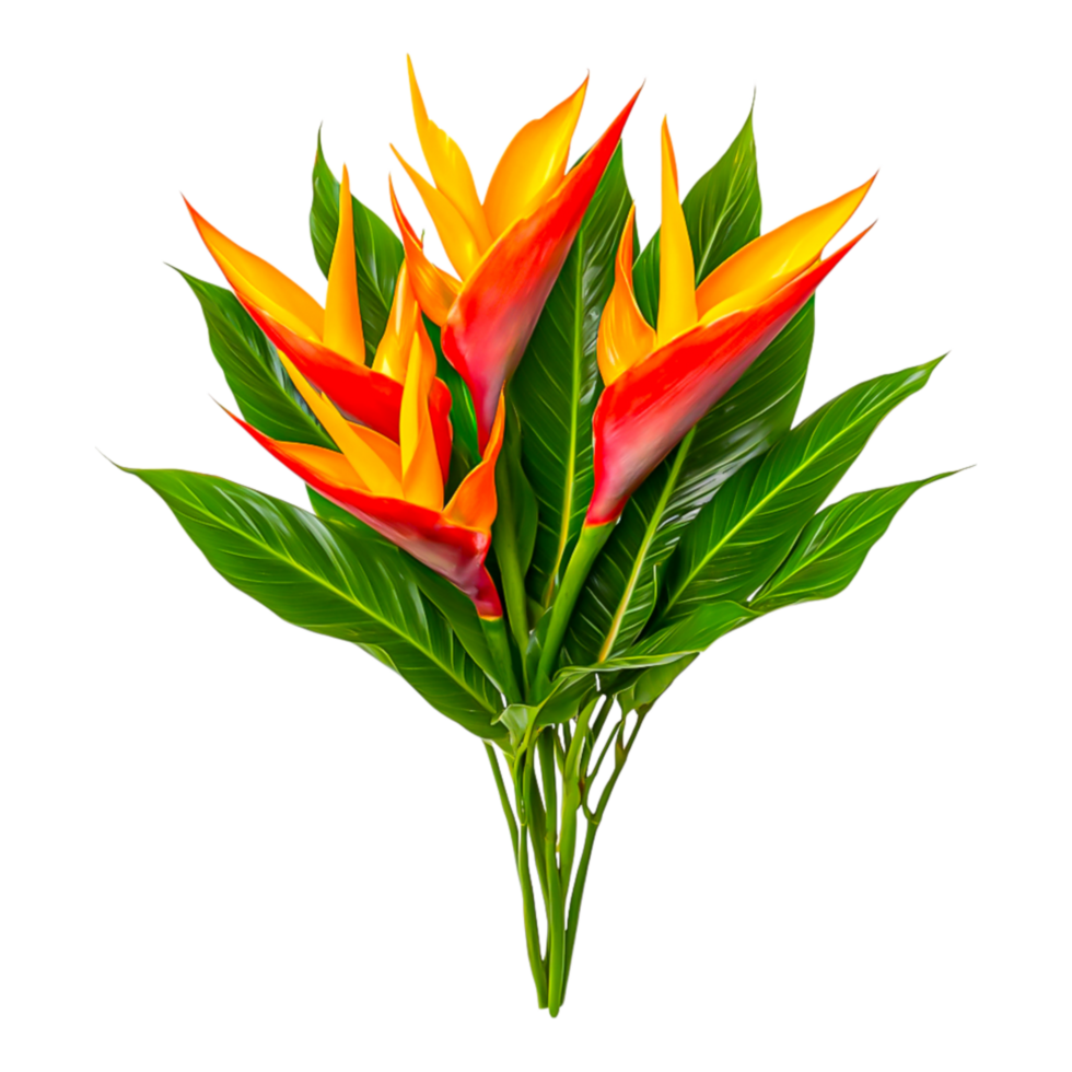 Vibrant Tropical Bouquet with Bright Heliconia and Green Leaves png