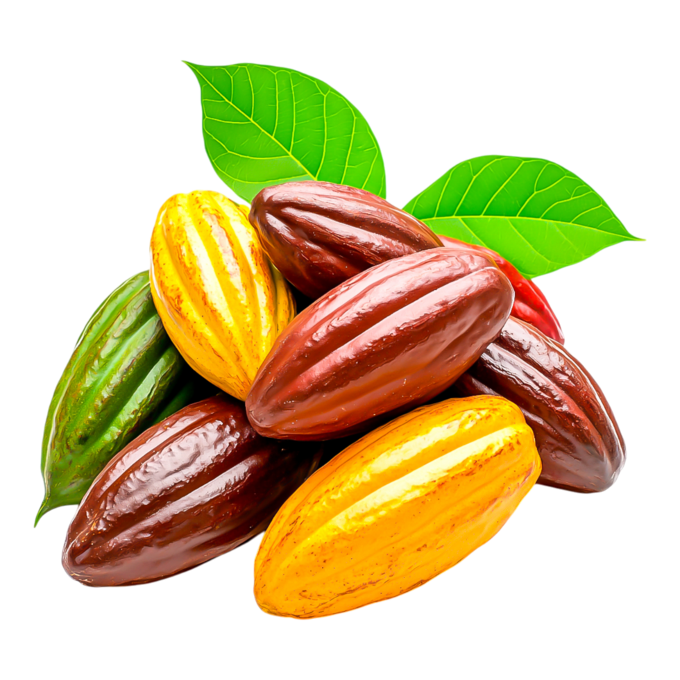 Fresh Cacao Pods with Vibrant Colors and Green Leaves Display png