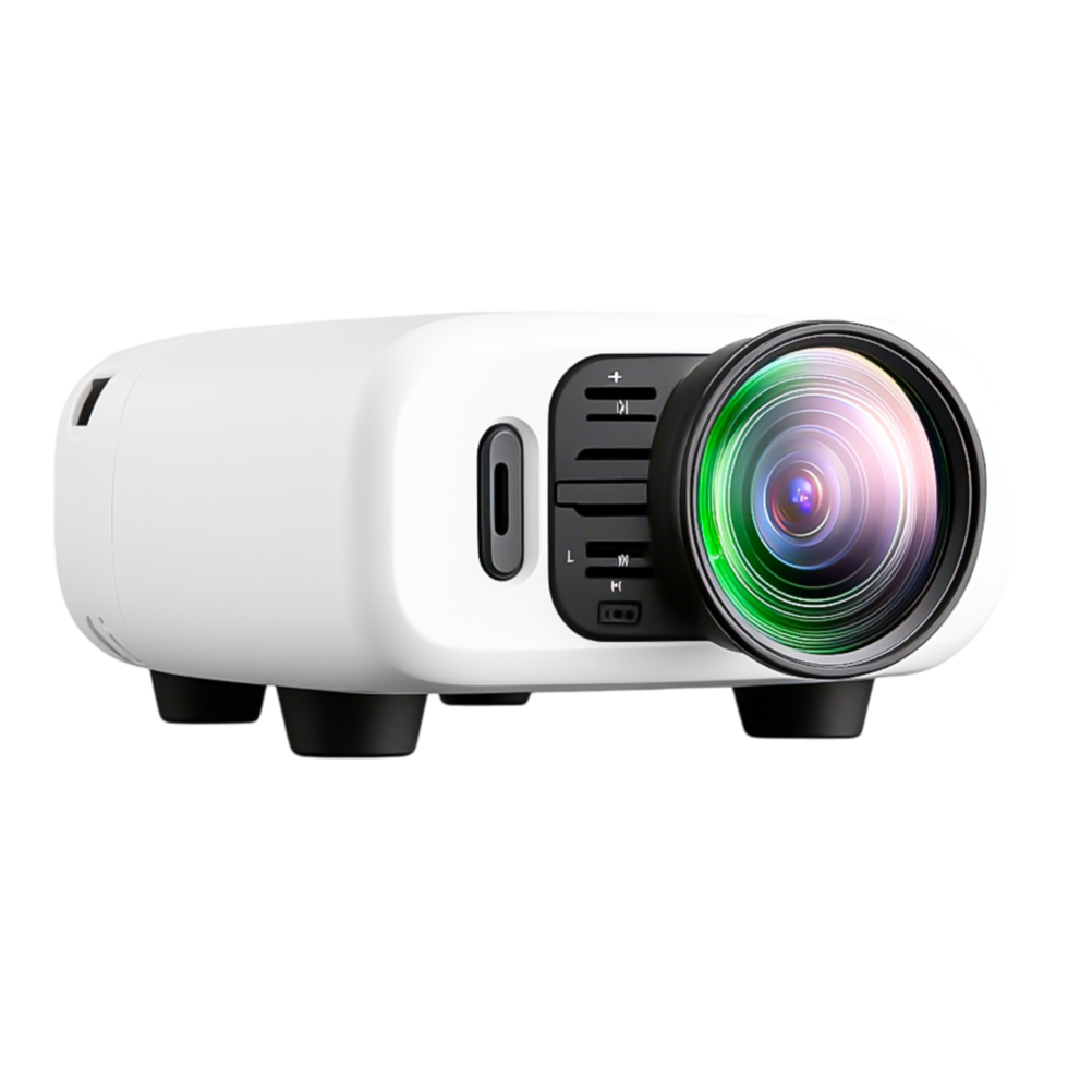 White Portable Projector with Colorful Lens and Control Buttons png