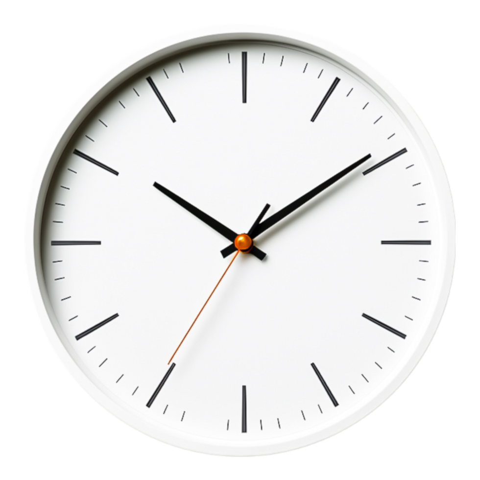 Simple Modern Wall Clock with Black and Orange Accents on White Face png