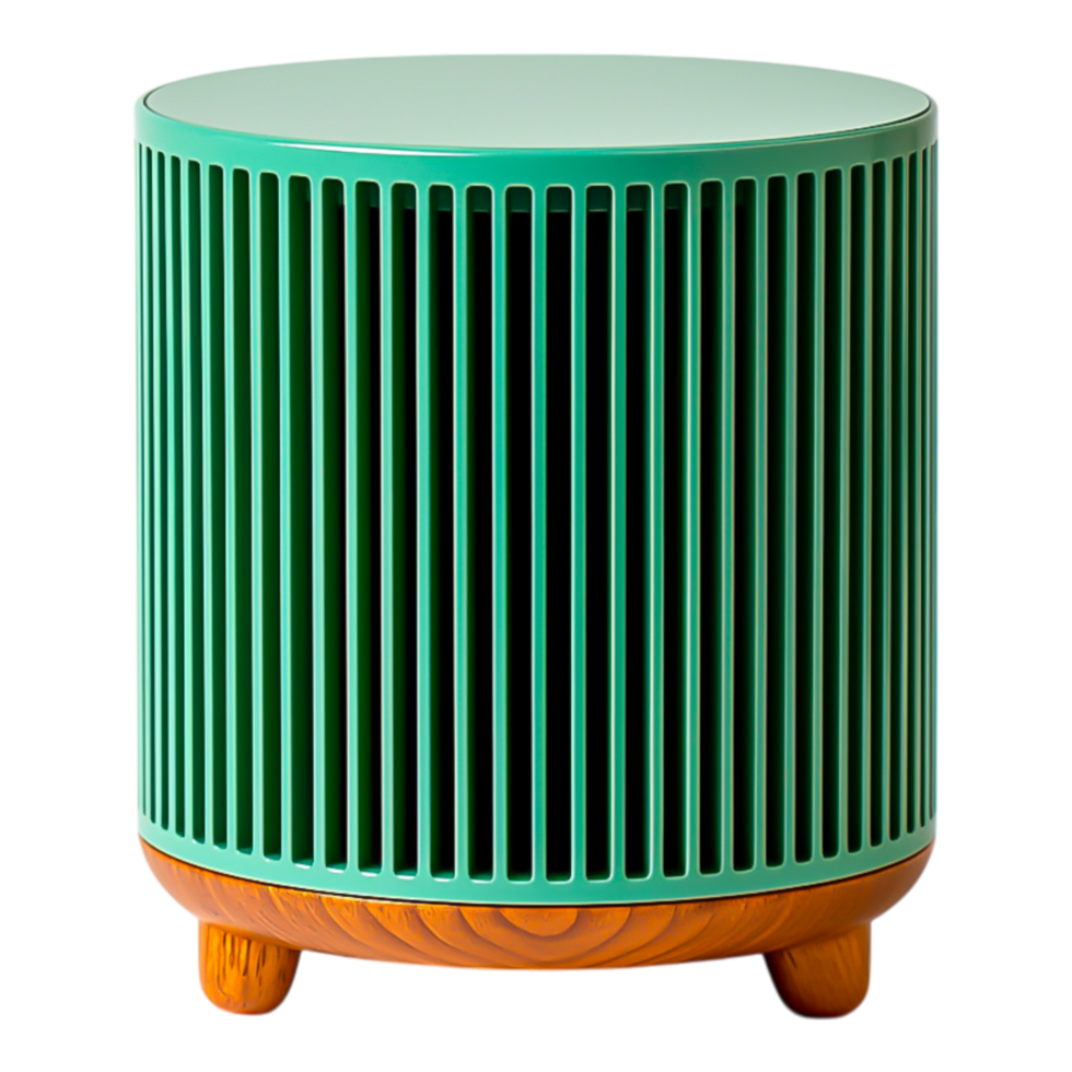 Modern Round Side Table with Vertical Slats and Wooden Base Design png