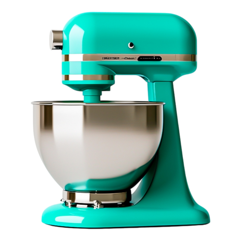 Vibrant Turquoise Stand Mixer with Stainless Steel Bowl in Use png