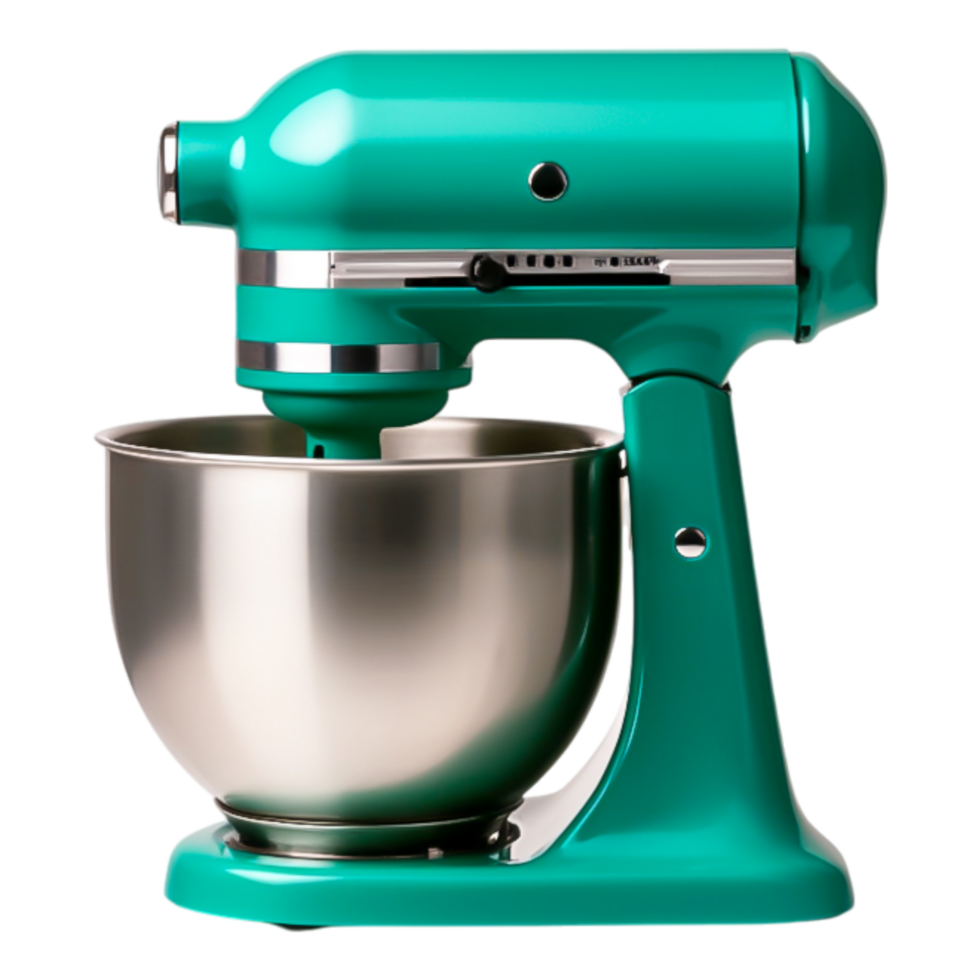 Bright Blue Stand Mixer with Stainless Steel Bowl and Whisk Attachment png