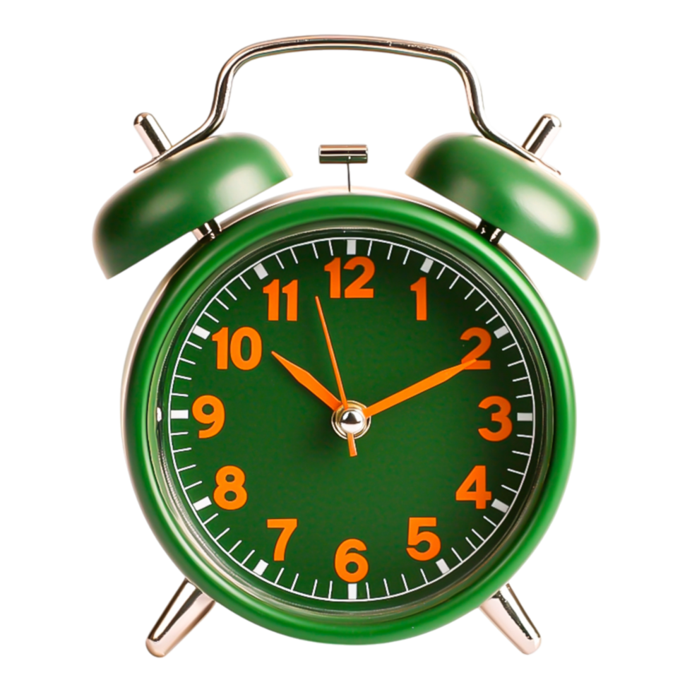 Classic Green Alarm Clock with Round Design and Bold Numbers png
